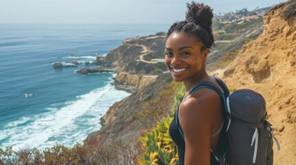 Woman Hiking Coastal Cliffs, Ocean View, Backpack, Travel