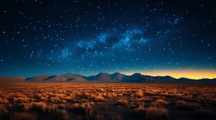 Obraz premium Dark night sky with countless stars above a vast desert, distant mountains visible under the starlight 