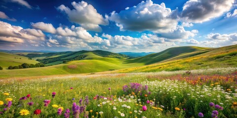 Obraz premium Rolling hills with lush green grass and colorful wildflowers swaying gently in the breeze, set against a clear blue sky with fluffy white clouds , countryside landscape, natural beauty