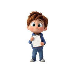 Adorable 3D Rendered Cartoon Boy Holding Blank Notepad