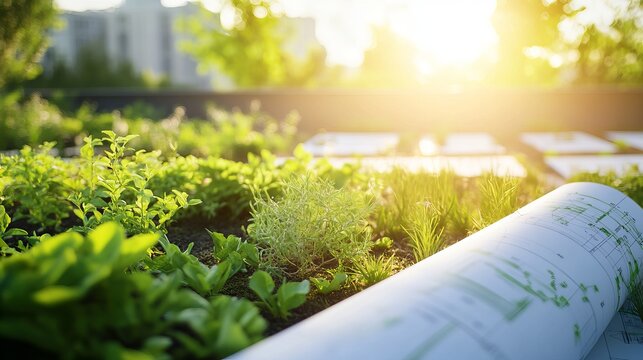 Landscaping architect designing a green rooftop garden. Featuring environmental planning and aesthetics