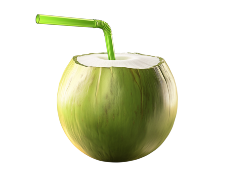 A green coconut with a long, curved green straw, isolated on a transparent background