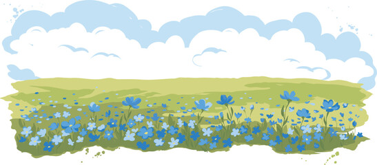 Abstract rural landscape. Watercolor vector illustration, flowering meadows, blue flax flowers.  Hand drawn author's drawing.