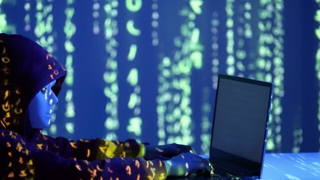 Haker w białej masce i ciemnym kapturze pracuje przy laptopie w otoczeniu niebieskich świateł i zielonego kodu matrix z cyberpunkowym efektem, symbolizując cyberatak i cyfrową inwigilację