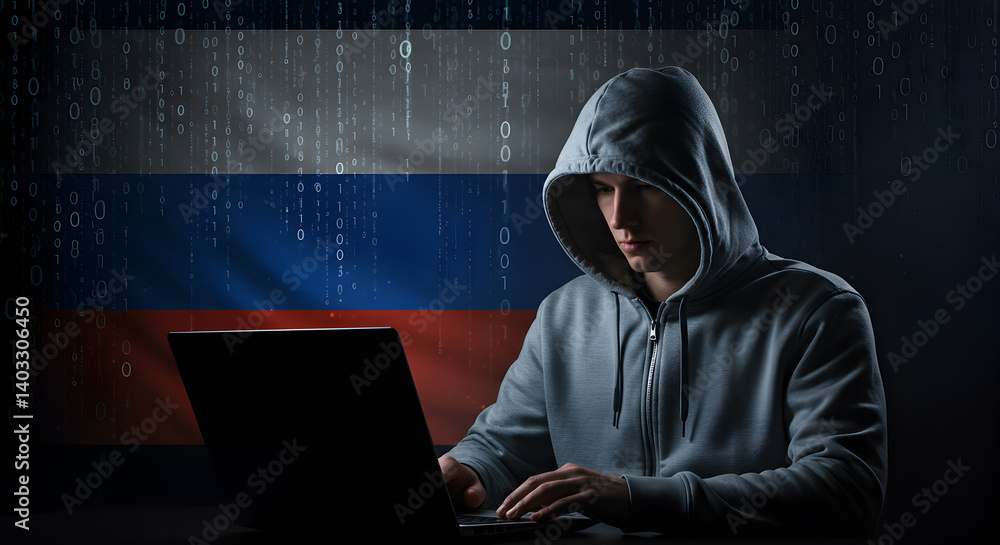 Poster person in hoodie with laptop coding before russian flag digital binary rain