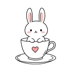 Cute bunny sitting in a teacup on a saucer  