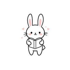 Fototapeta premium Cute bunny reading a book with hearts background 
