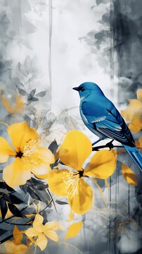 Blue bird resting among yellow flowers in a serene backdrop  