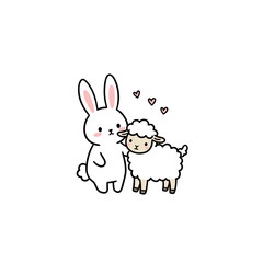 Bunny and lamb expressing affection with hearts in a cute style  
