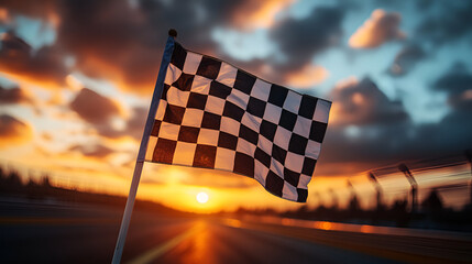 A checkered racing flag waving in the wind