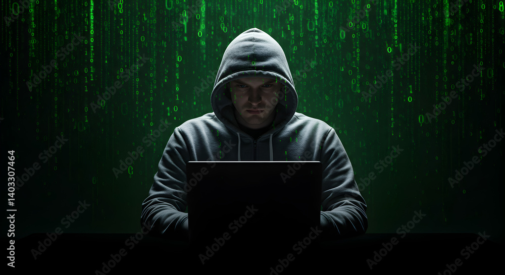 Poster person in hoodie using laptop with green binary code background security concept