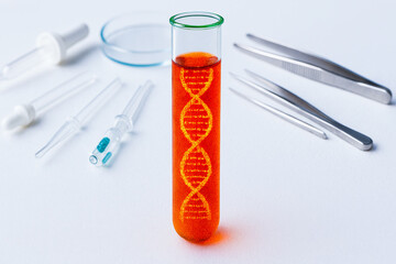 test tube with glowing DNA helix in orange liquid, surrounded by lab tools, symbolizes genetic research