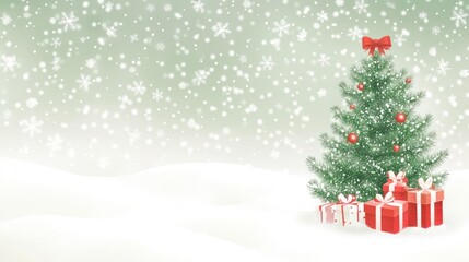Obraz premium Snowy Christmas tree, gifts, winter landscape, snowfall, holiday card