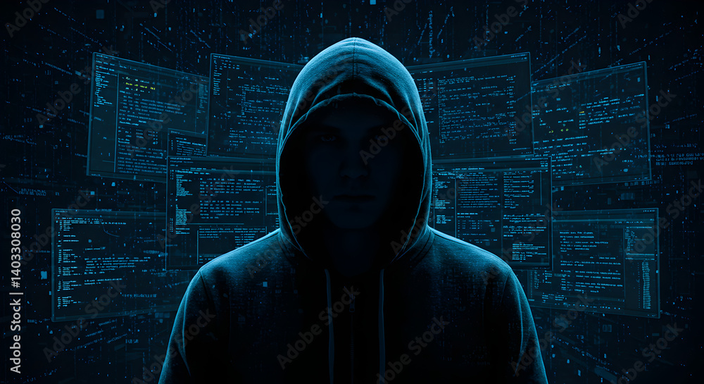 Poster person in hoodie surrounded by digital screens displaying binary code in dark cyberpunk style