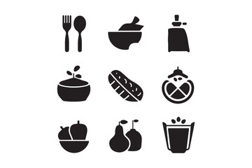 Minimal Food Icons Set Fruit, Bowl, Spoon, Bread, Drink, Herbs, and Ingredients