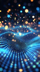 Illuminated Blue Waves: Futuristic and Digital Abstract Background with Shimmering Bokeh and Luminous Patterns