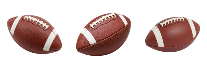 collection of three American footballs, showcasing their textured surfaces and white laces, perfect for sports enthusiasts and team events