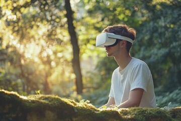 Young man experiencing virtual reality in a serene forest setting, bathed in sunlight.