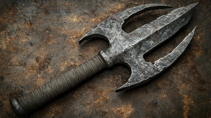 Antique, rusted spearhead weapon.  Detailed, aged metal blade with three-pronged tip.  Rough handle texture