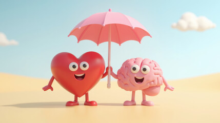 Cute heart and brain characters holding pink umbrella, symbolizing friendship and balance. This playful scene evokes joy and positivity
