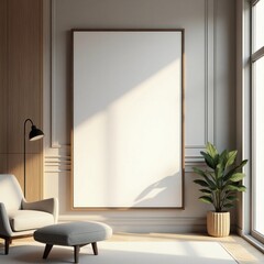 Modern living room with large window and minimal design in a bright apartment