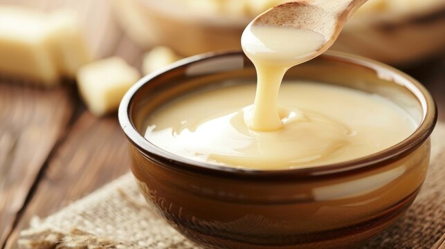 Fresh creamy condensed milk pouring in to a bowl