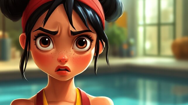 Annoyed girl, poolside, cartoon, indoor, illustration, upset, summer, animation, digital art, background