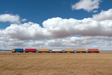 Convoy of trucks hauling cargo under cloudy sky, largescale logistics