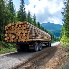 Logging trailer carrying timber through forest road, natural resources transport