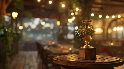 Luxury restaurant interior with golden trophy on wooden podium, elegant award ceremony concept for fine dining excellence and culinary achievement.
