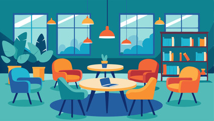 A study lounge with comfortable chairs and tables for group discussions.