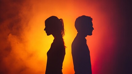 Couple silhouetted, arguing, smoky orange backdrop, relationship problems, emotional distress
