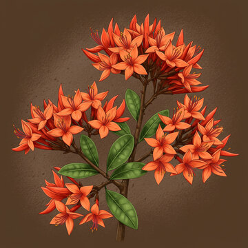 Illustration of Orange Ixora Flowers on a Dark Brown Background