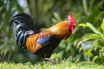 Ein farbenprächtiges Bankivahuhn (Gallus gallus) in natürlicher Umgebung. Der bunte Hahn steht im...