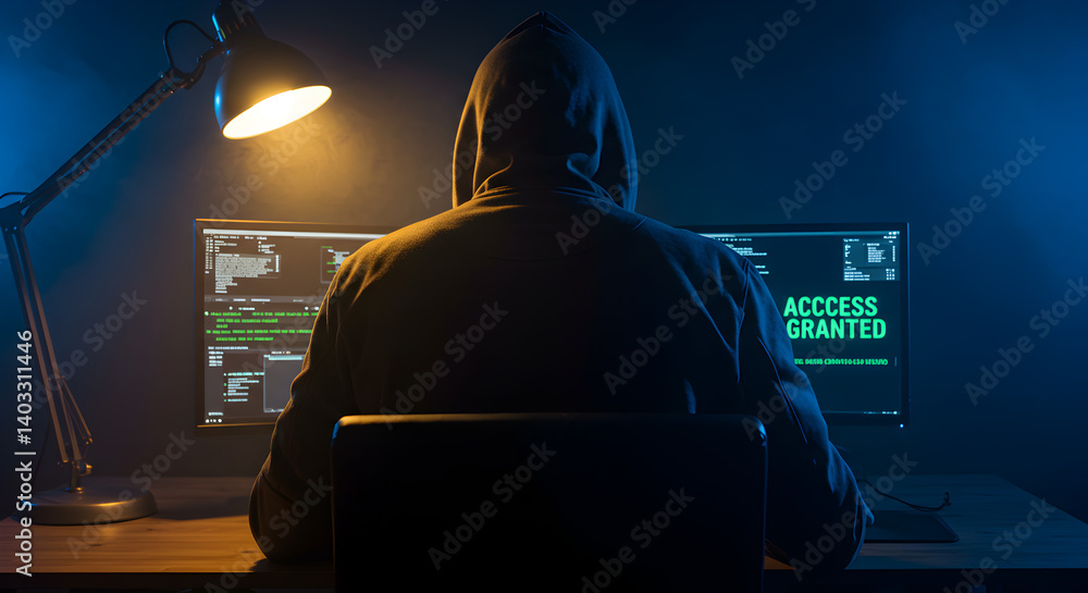Poster person in hoodie coding on computer screens in dark room with desk lamp