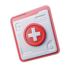 Obraz premium 3D icon of a red and white medical card with a cross symbol, used to represent health insurance, patient identification, or medical documentation.