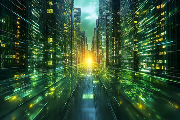 Futuristic cityscape with glowing skyscrapers and vibrant lights illuminating a bustling urban environment