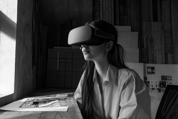 A woman wearing a VR headset, seemingly immersed in a virtual architectural design, sits at a desk with blueprints.