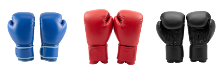 Boxing gloves in blue, red, and black colors, showcasing different styles and designs, perfect for training and competition