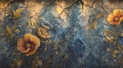 Aged and peeling Victorian wallpaper pattern in deep black, ink blue, sepia, and muted silver tones, with detailed textures and antique elegance resembling watercolor and oil-style decorative motifs