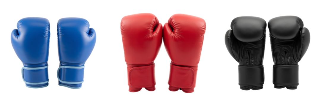 Boxing gloves in blue, red, and black colors, showcasing different styles and designs, perfect for training and competition