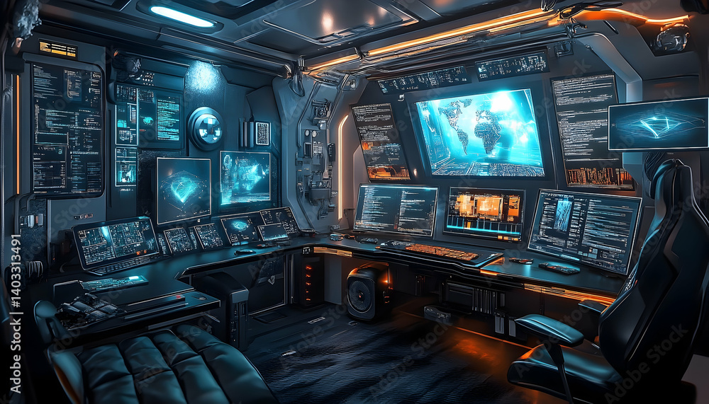 Poster futuristic control room with multiple screens displaying data and holograms, showcasing advanced tec