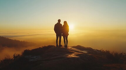 Couple silhouetted, mountaintop sunset, fog, romance