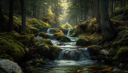 Sunlight streams through a mossy forest, illuminating a cascading mountain brook.