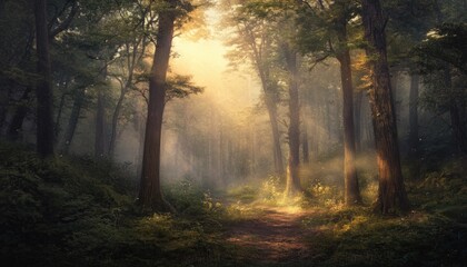 Obraz premium Sunlight filtering through a misty forest path.