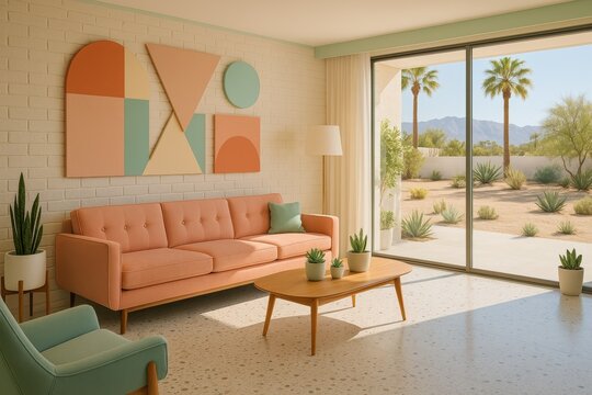 Palm Springs style living room with pastel colors, desert view and abstract art - Powered by Adobe