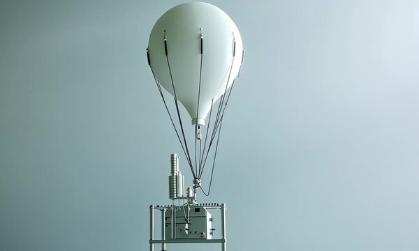 A white hot air balloon tethered to a metallic machine.