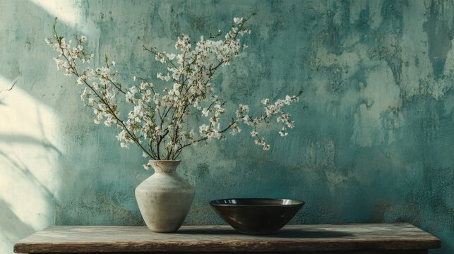 Empty rustic wall with simple vase with narrow flowers, glossy bowl. Wabi sabi style.