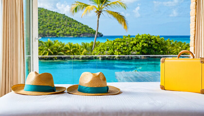 Straw hats and a vacation bag symbolizing going on vacation or preparing for vacation.