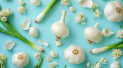 A flat lay view features fresh spring onions and organic garlic, highlighting seasonal culinary ingredients